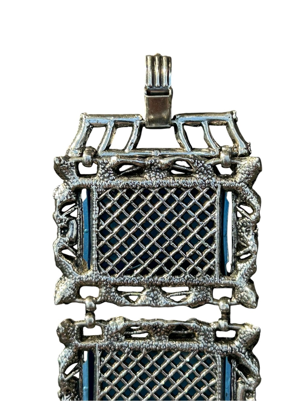 Whimsigoth Chunky Vintage Statement Bracelet  Blue Stones Scroll Work SilverTone - Picture 9 of 12